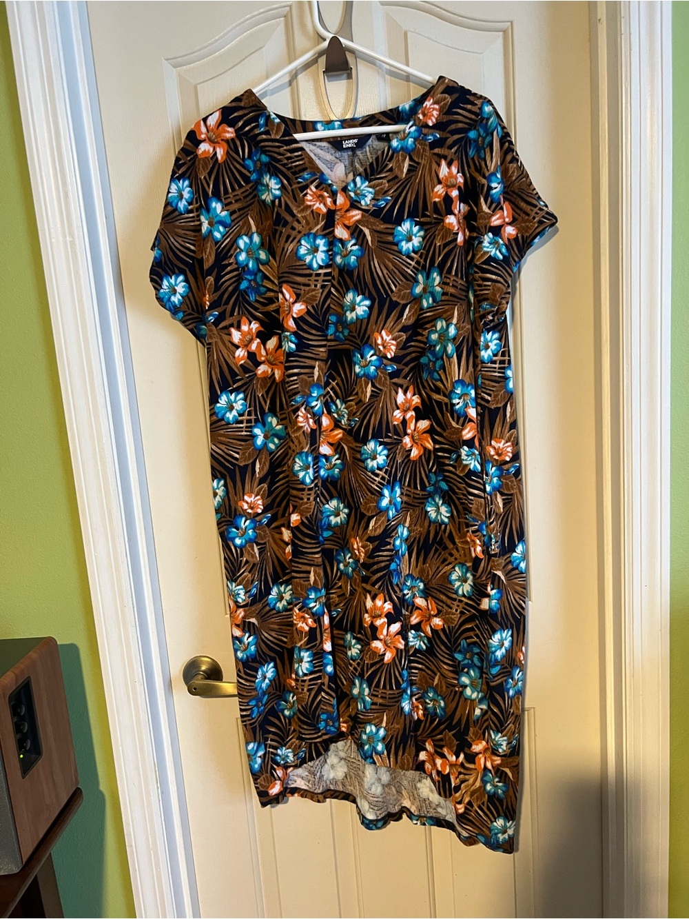 Lands' End Black Midi Dress with Blue & Orange Floral Print size LP
